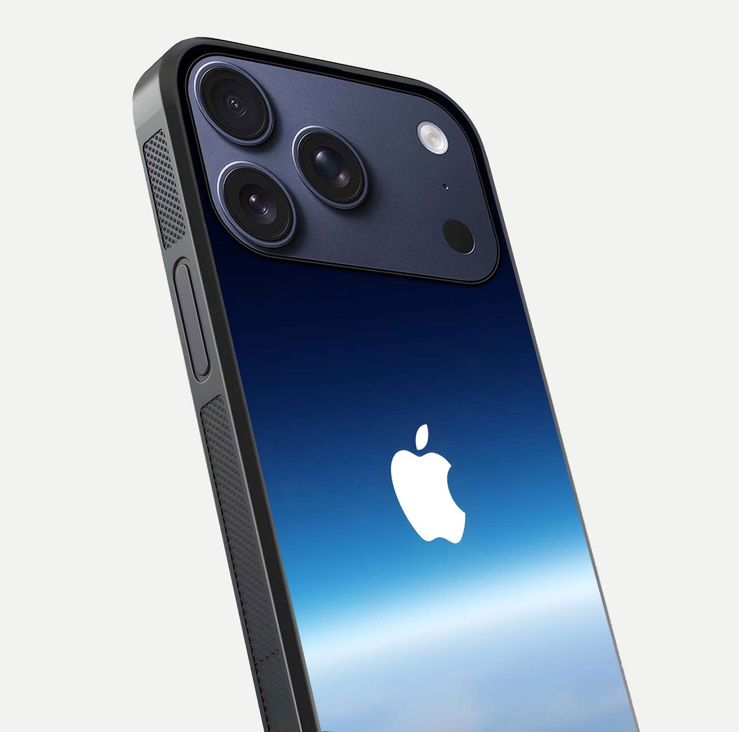 Minimal Apple Sky Glass Case for iPhone 17 Pro close-up angled shot showing pastel blue hues and reflection