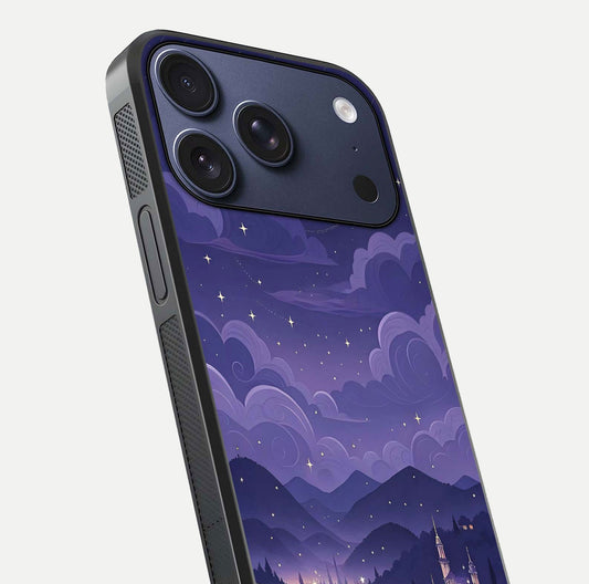 Minimal Night View Glass Case for iPhone 17 Pro close-up angled shot showing lights reflection and dark tone details