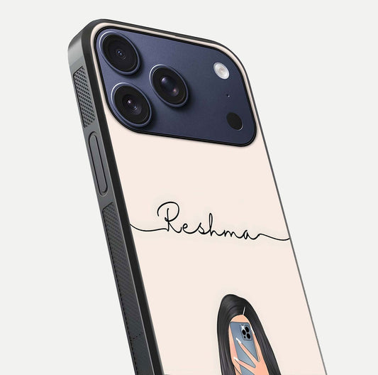 Mirror Mood Muse Custom Name Glass Case for iPhone 17 Pro close-up angled shot highlighting gloss and mirror depth