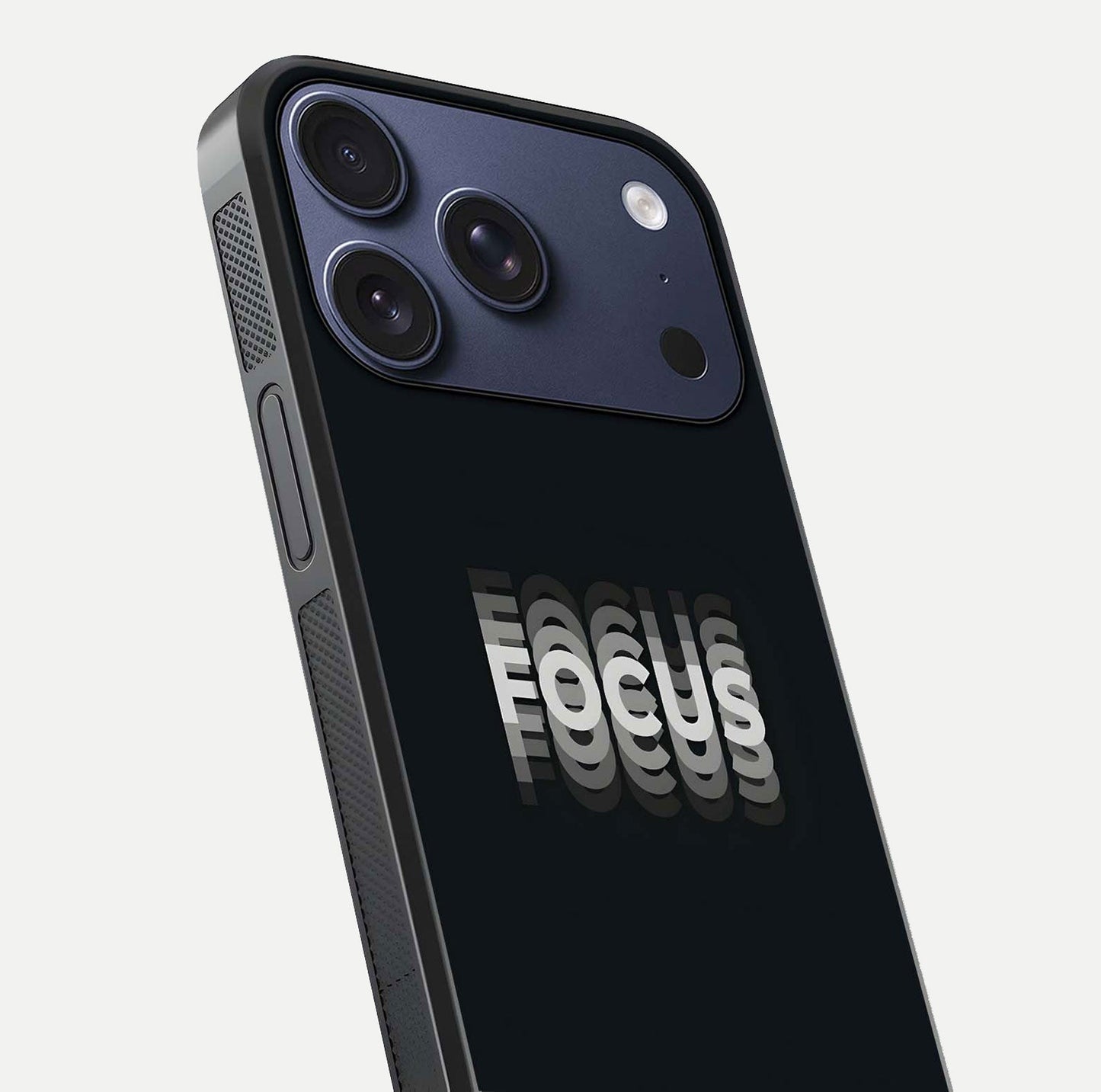 Mono Focus Vision Glass Case for iPhone 17 Pro close-up angled shot highlighting minimal contrast and reflection