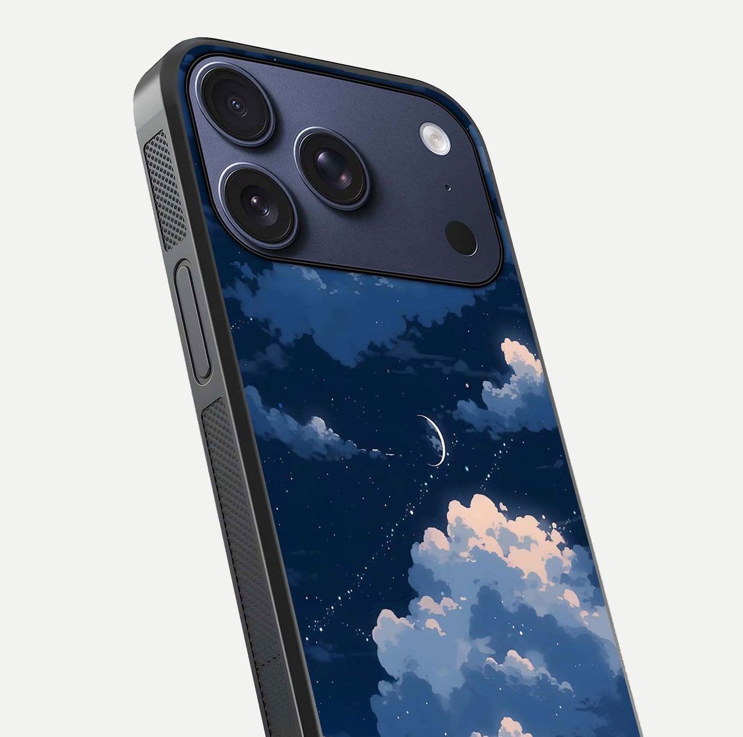 Moon Dream Haze Glass Case for iPhone 17 Pro close-up angled shot showing moon reflection and subtle glow