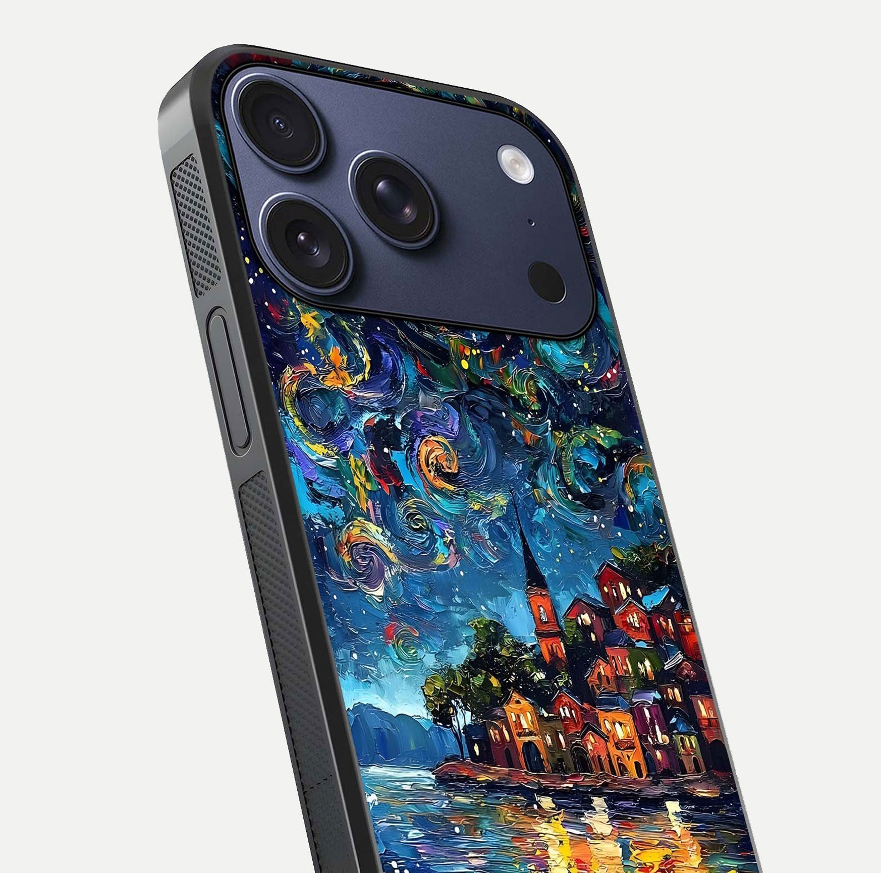 Moonlight Harbor Glow Glass Case for iPhone 17 Pro close-up angled shot showing reflection and moonlight glow