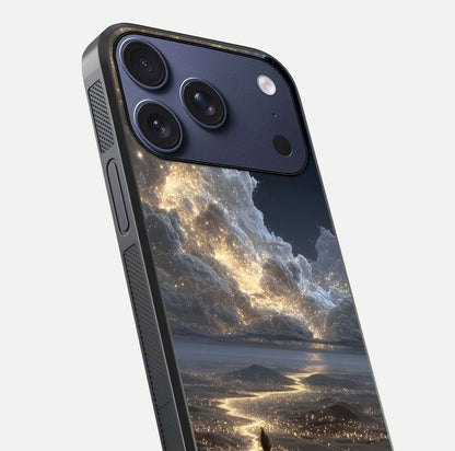 Moonlight Spark Path Glass Case for iPhone 17 Pro close-up angled shot showing glowing stars and reflection