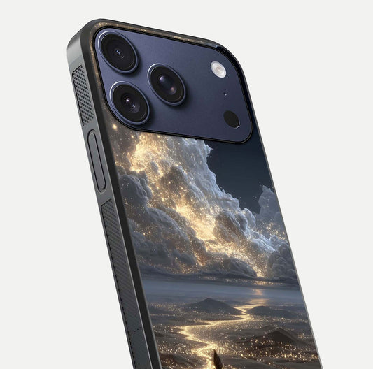Moonlight Spark Path Glass Case for iPhone 17 Pro close-up angled shot showing glowing stars and reflection