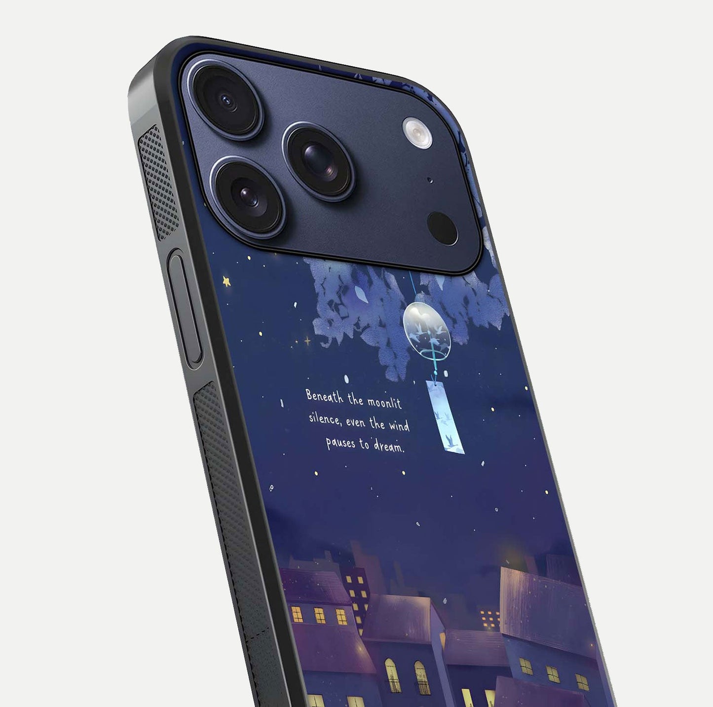 Moonlit Cat Silence Glass Case for iPhone 17 Pro close-up angled shot showing soft glow and reflection texture