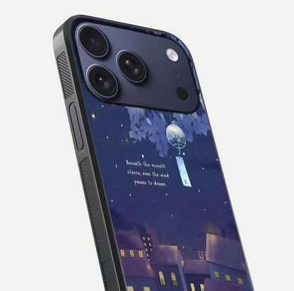 Moonlit Cat Silence Glass Case for iPhone 17 Pro close-up angled shot showing soft glow and reflection texture