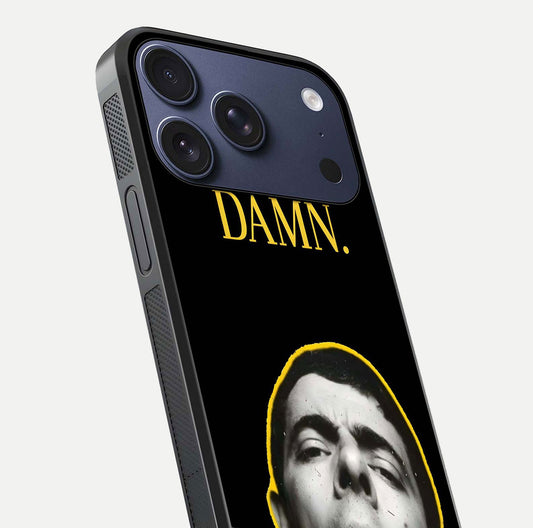 Mr Bean Damn Glass Case for iPhone 17 Pro close-up angled shot highlighting comic expression and shine detail