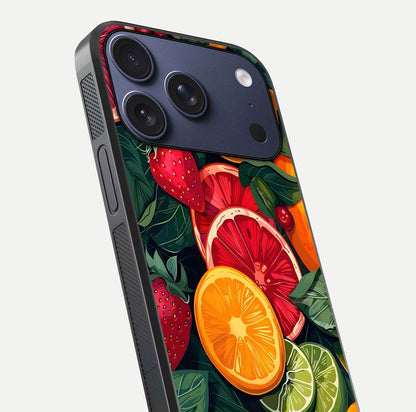 Multiple Fruits Glass Case for iPhone 17 Pro close-up angled shot showing fruit texture and HD gloss shine