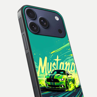 Mustang Bang Glass Case for iPhone 17 Pro close-up angled shot showing car emblem and HD reflection