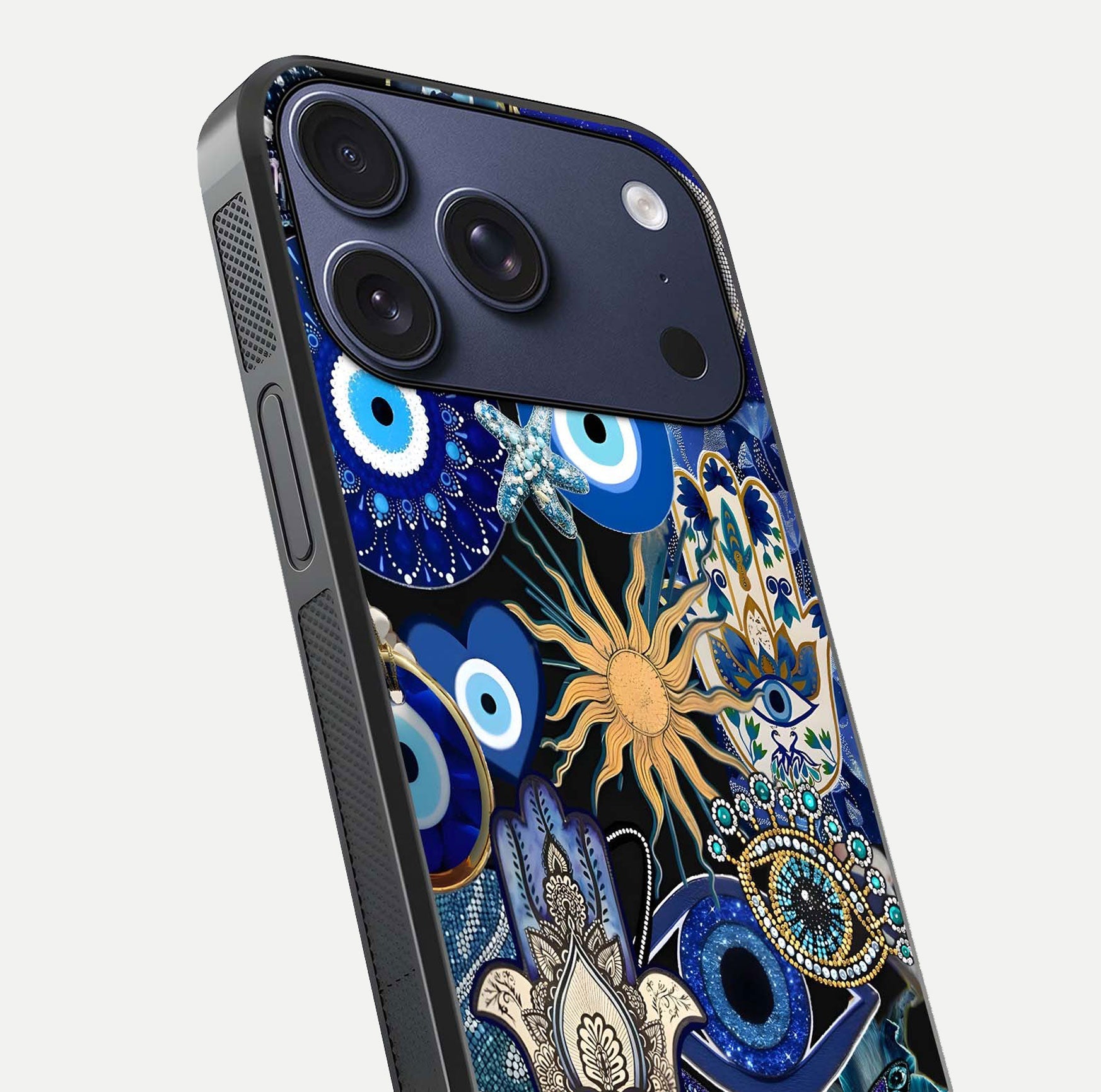 Mystic Blue Evil Eye Glass Case for iPhone 17 Pro close-up angled shot highlighting mystical glow and HD reflection