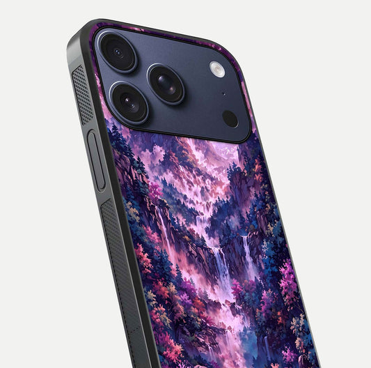 Mystic Cascade Peaks Glass Case for iPhone 17 Pro close-up angled shot showing peak reflections and color gradient