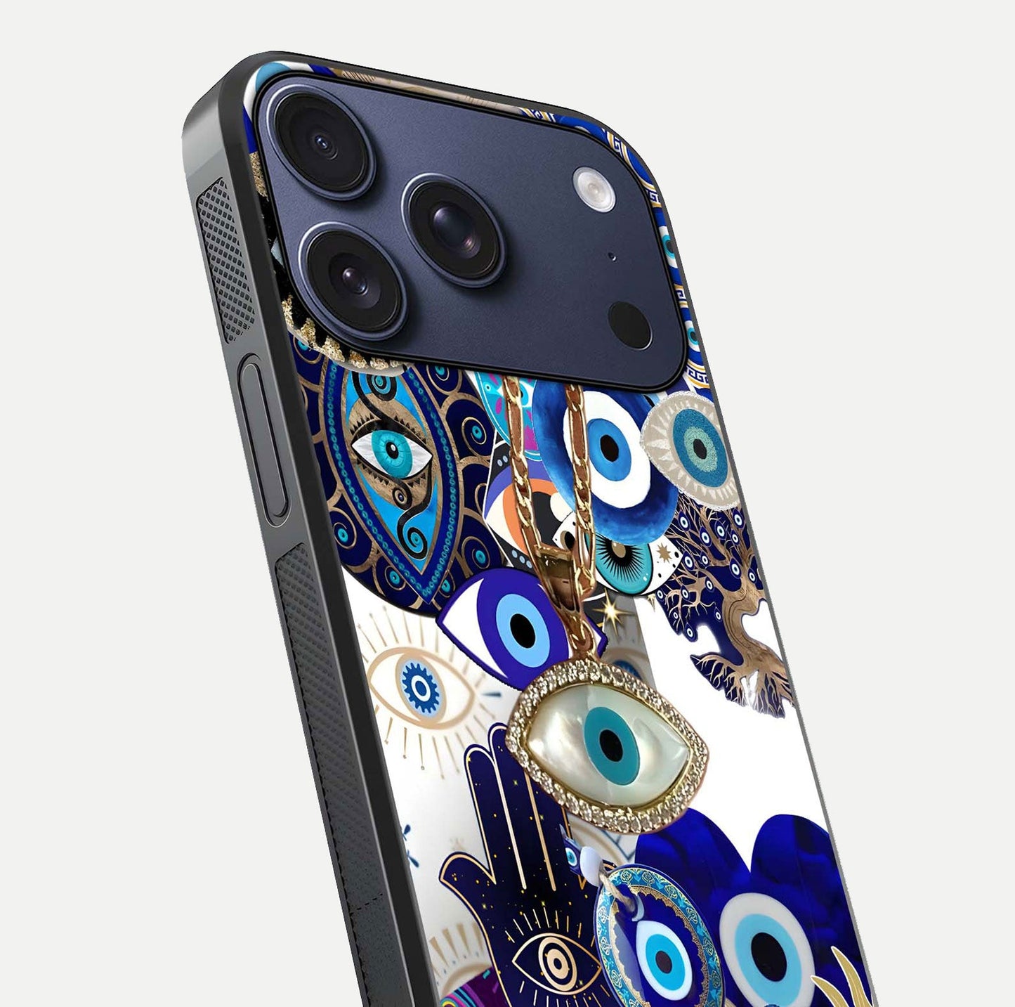Mystic Charm Eye Glass Case for iPhone 17 Pro close-up angled shot showing detailed eye art and reflection