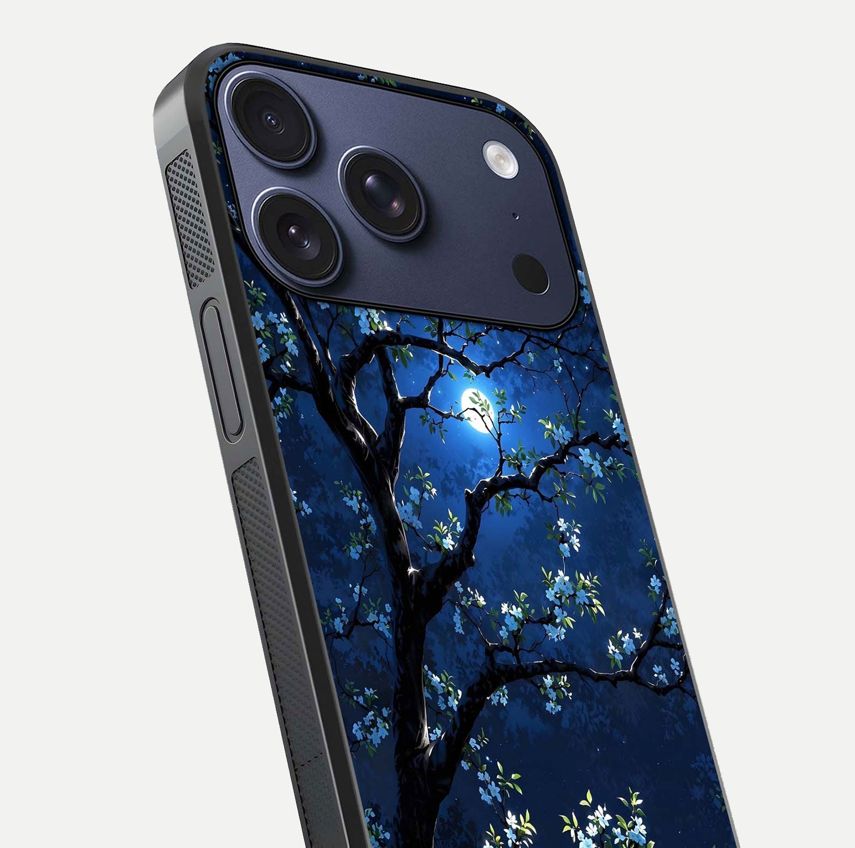 Mystic Floral Night Glass Case for iPhone 17 Pro close-up angled shot highlighting petal detail and HD reflection
