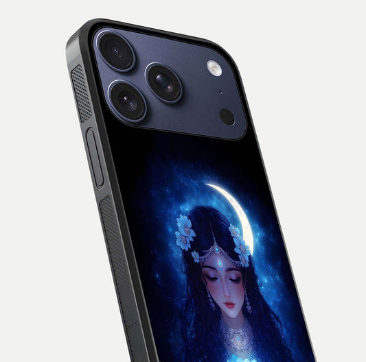 Mystic Moon Queen Glass Case for iPhone 17 Pro close-up angled shot showing shine and lunar tones