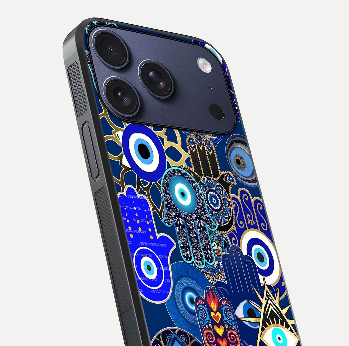 Mystic Palm Guard Glass Case for iPhone 17 Pro close-up angled shot showing eye symbol and fine texture