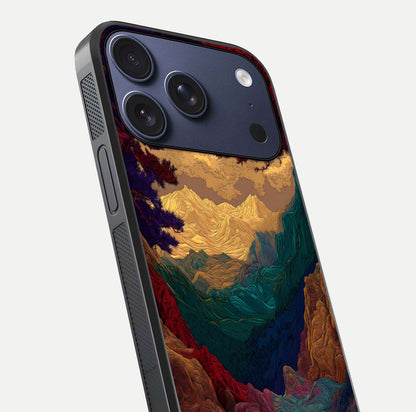 Mystic Valley Light Glass Case for iPhone 17 Pro close-up angled shot highlighting gradient sky and reflection