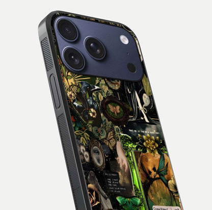 Mystic Woods Secret Glass Case for iPhone 17 Pro close-up angled shot highlighting tree texture and reflection