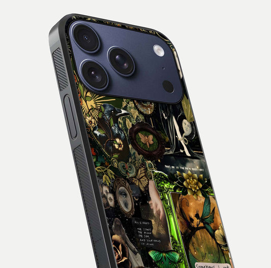 Mystic Woods Secret Glass Case for iPhone 17 Pro close-up angled shot highlighting tree texture and reflection