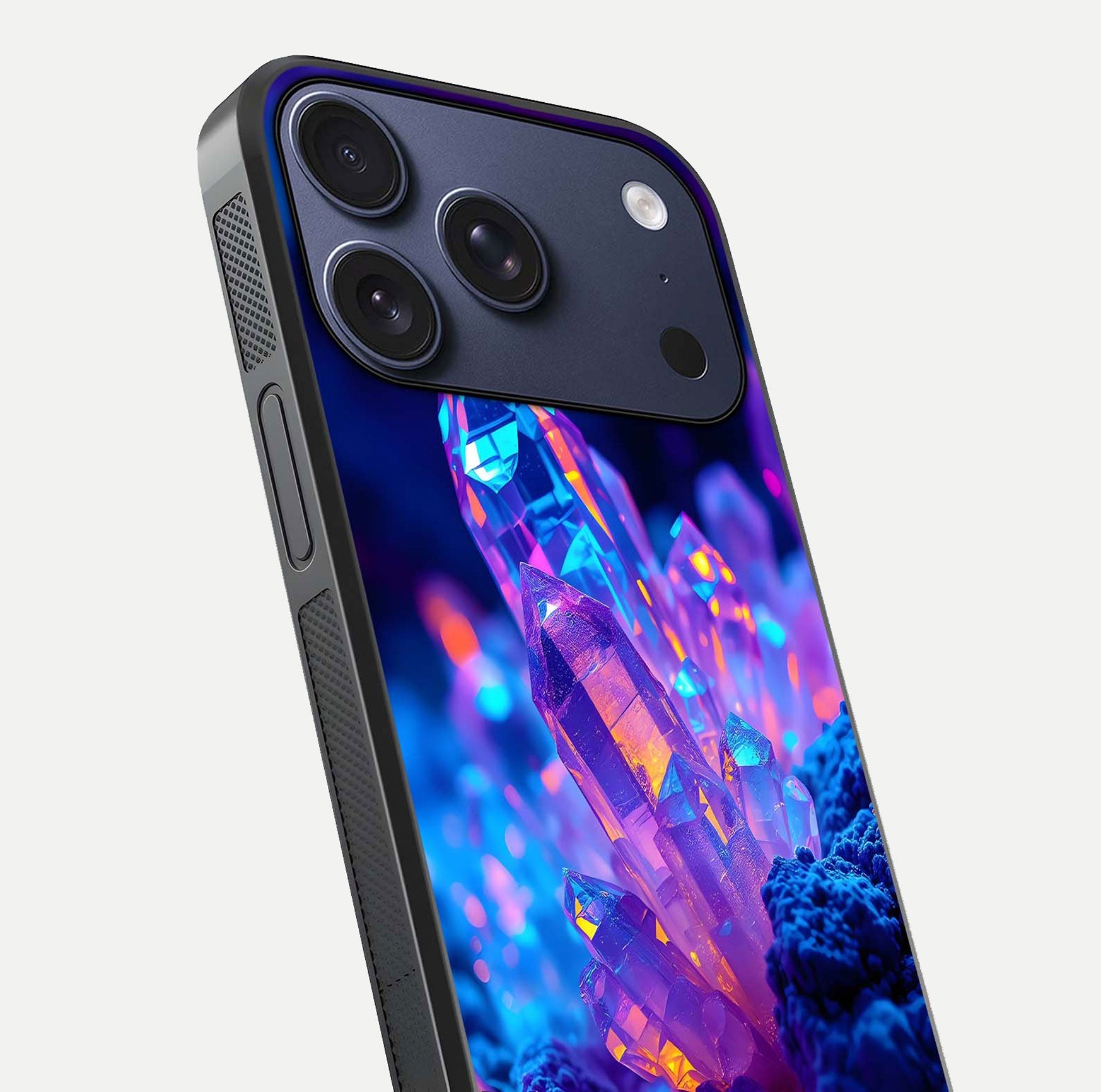 Neon Aura Shards Glass Case for iPhone 17 Pro close-up angled shot highlighting fragment pattern and reflection
