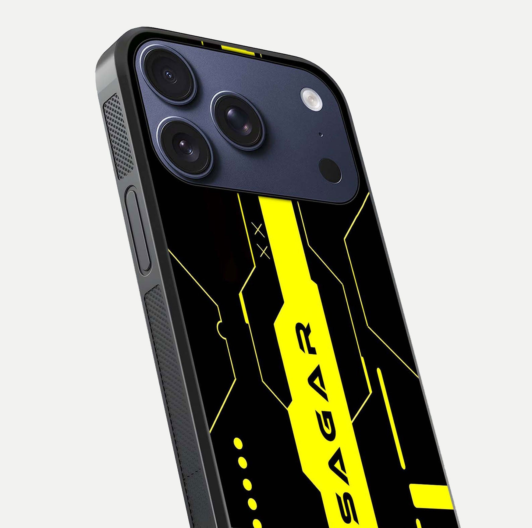 Neon CYBERPUNK Custom Name Glass Case for iPhone 17 Pro close-up angled shot highlighting electric colors and reflection