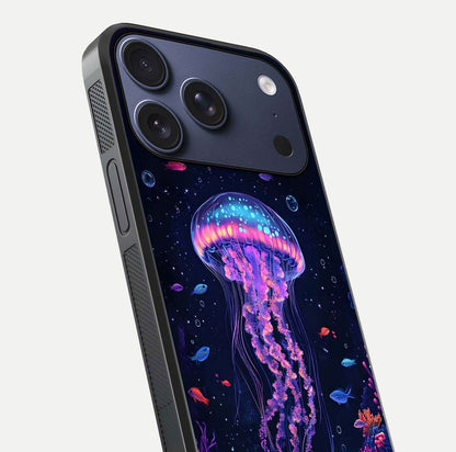 Neon Jellyfish Glass Case for iPhone 17 Pro close-up angled shot showing translucent jellyfish and shine reflection
