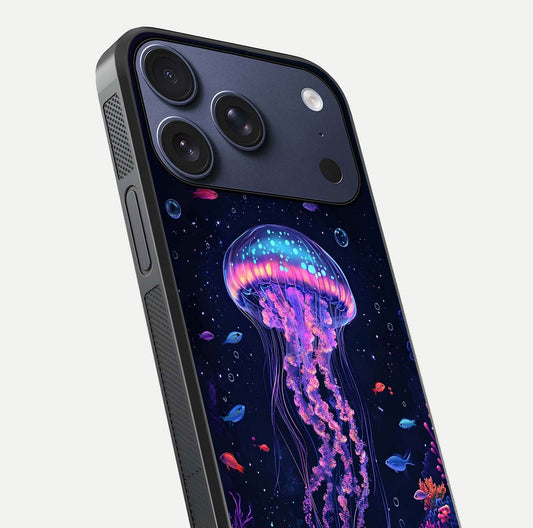 Neon Jellyfish Glass Case for iPhone 17 Pro close-up angled shot showing translucent jellyfish and shine reflection