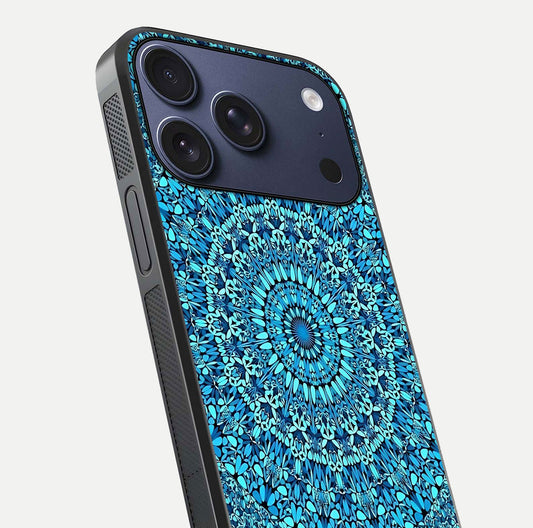 Ocean Bloom Mandala Glass Case for iPhone 17 Pro close-up angled shot highlighting detailed mandala and reflection