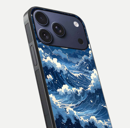 Ocean Moon Waves Glass Case for iPhone 17 Pro close-up angled shot showing HD reflection and calm tones