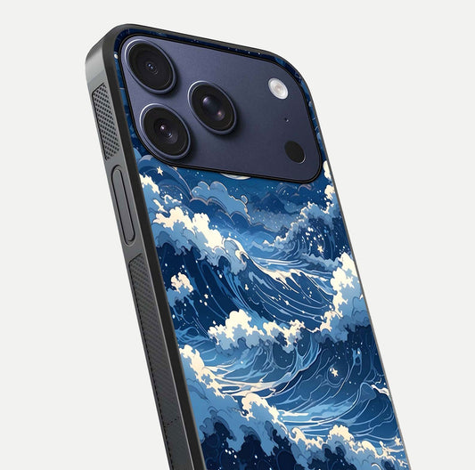 Ocean Moon Waves Glass Case for iPhone 17 Pro close-up angled shot showing HD reflection and calm tones