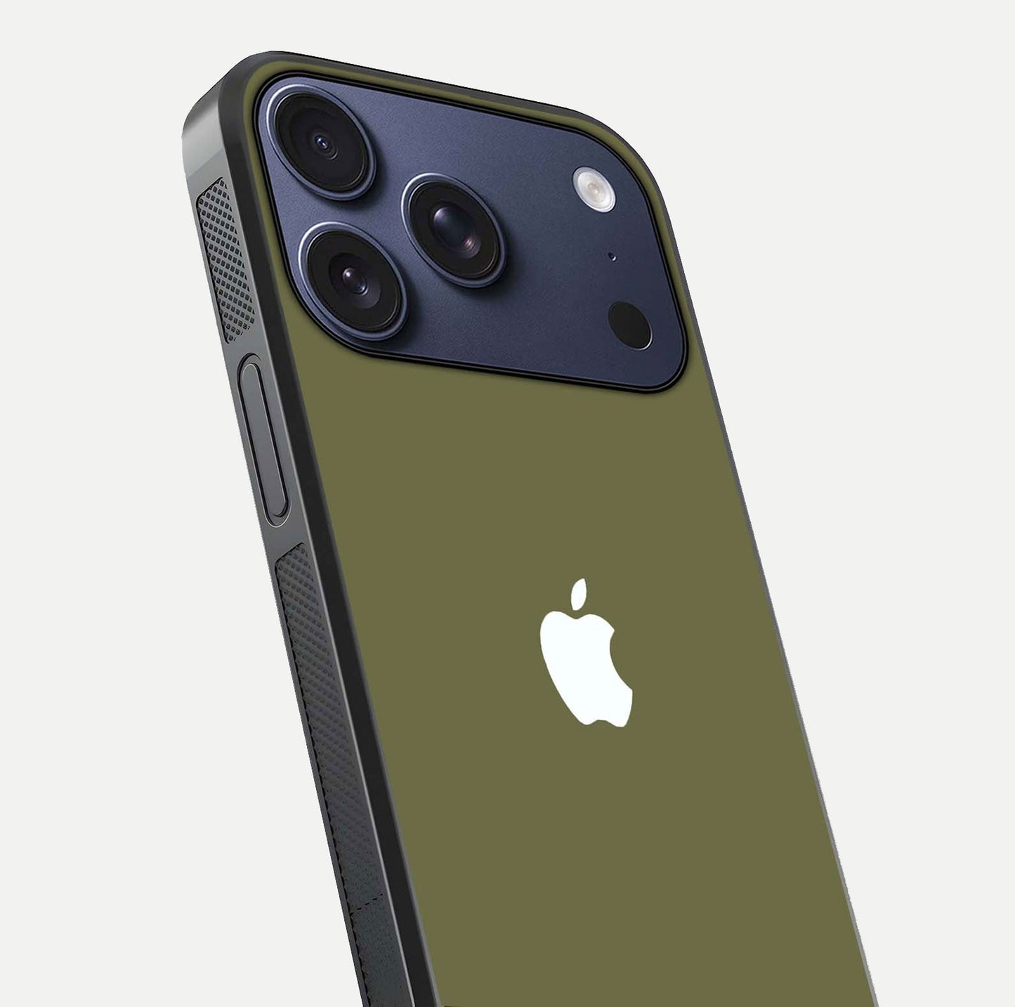 Olive Matte Essence Glass Case for iPhone 17 Pro close-up angled shot showing soft reflection and minimal finish