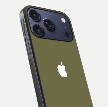 Olive Matte Essence Glass Case for iPhone 17 Pro close-up angled shot showing soft reflection and minimal finish