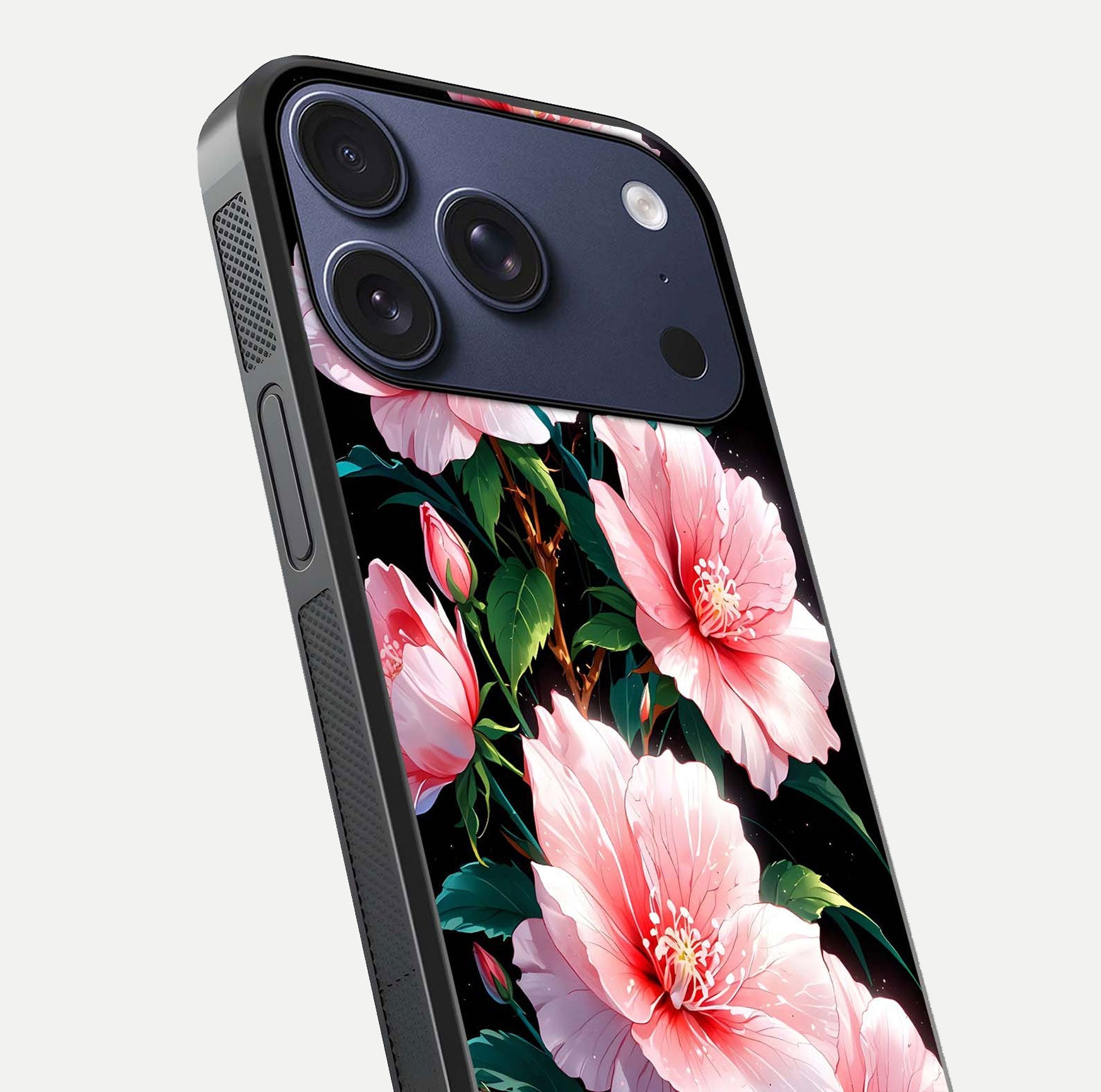 Peach Flower Glass Case for iPhone 17 Pro close-up angled shot highlighting floral petals and HD glass reflection