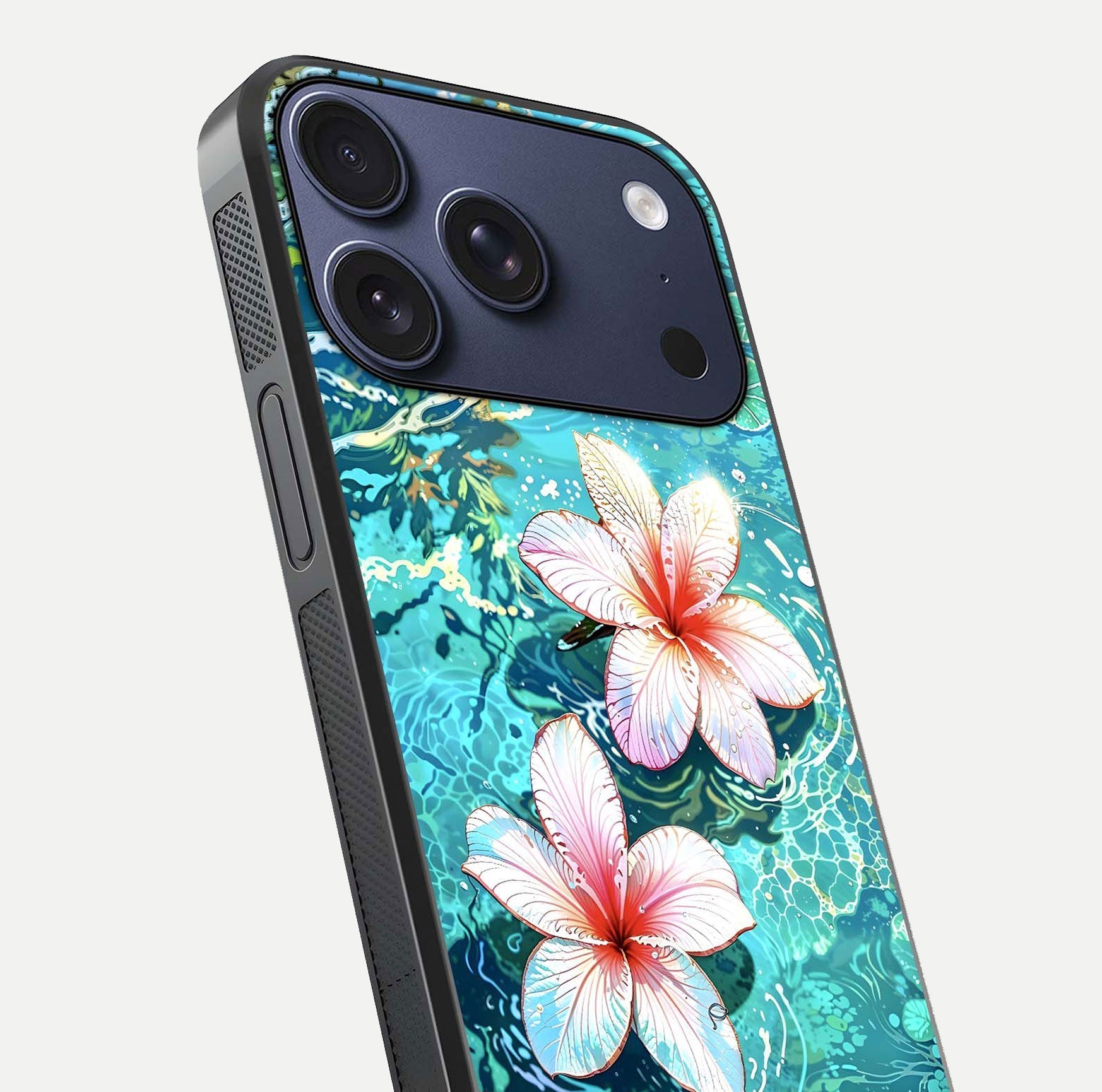 Pink Flowers in Water Glass Case for iPhone 17 Pro close-up angled shot highlighting water ripple and reflection