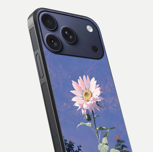 Pink Sunflower Glow Glass Case for iPhone 17 Pro close-up angled shot highlighting petal texture and reflection