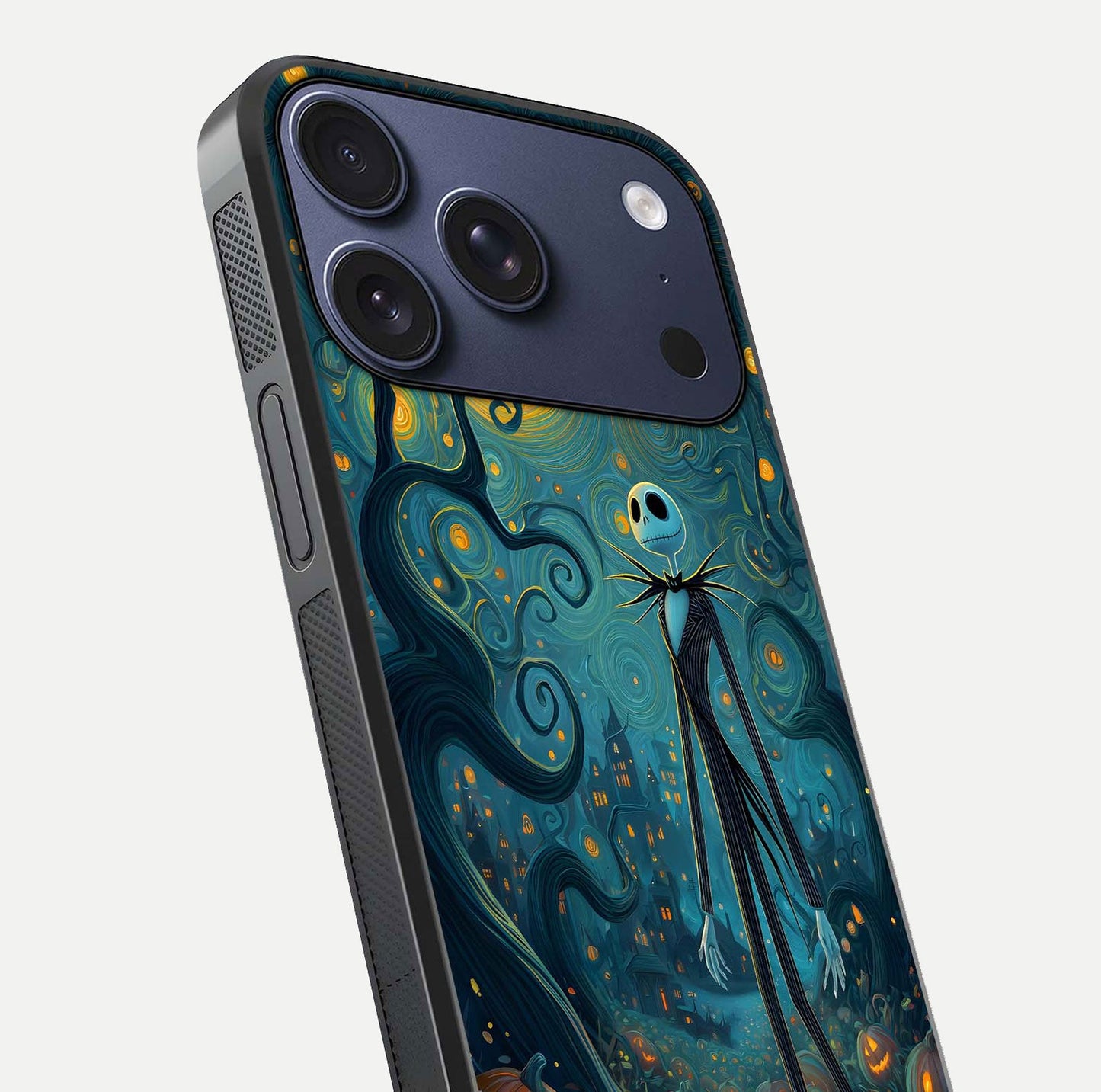 Pumpkin Moonlight Tale Glass Case for iPhone 16 Pro close-up angled shot highlighting reflection and vibrant glow