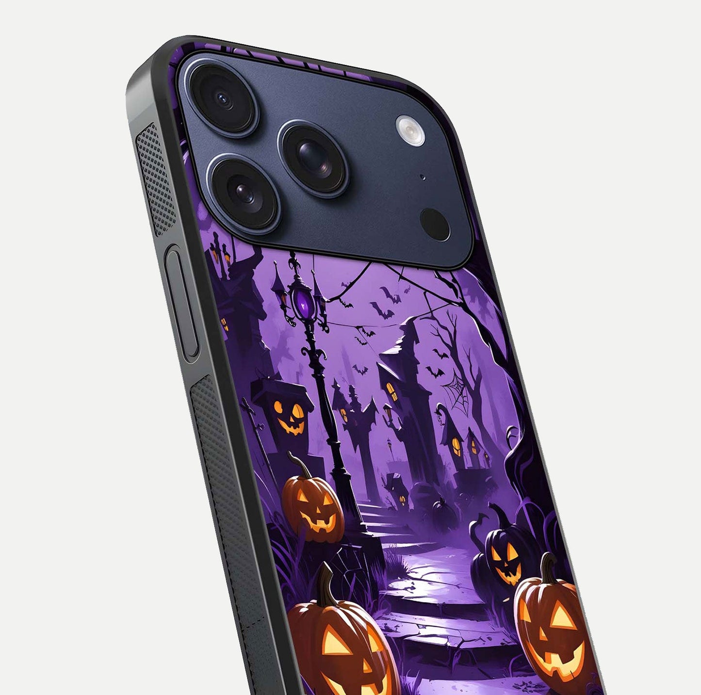Pumpkin Patch Halloween Glass Case for iPhone 17 Pro close-up angled shot highlighting pumpkin texture and shine