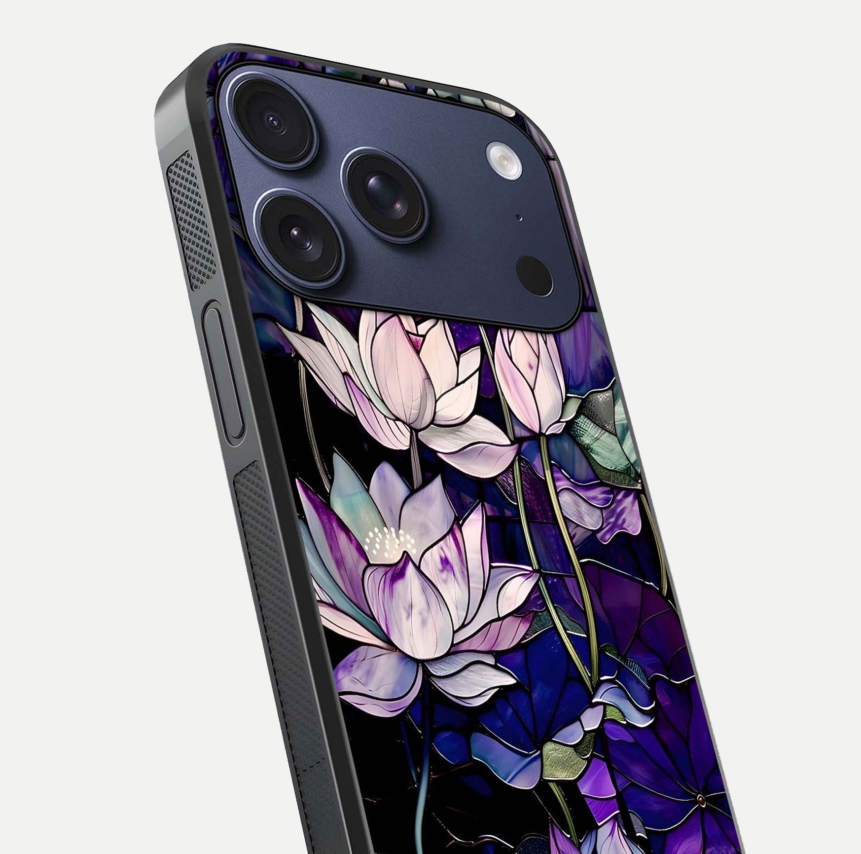 Purple Lotus Pattern Glass Case for iPhone 17 Pro close-up angled shot showing petal texture and HD reflection
