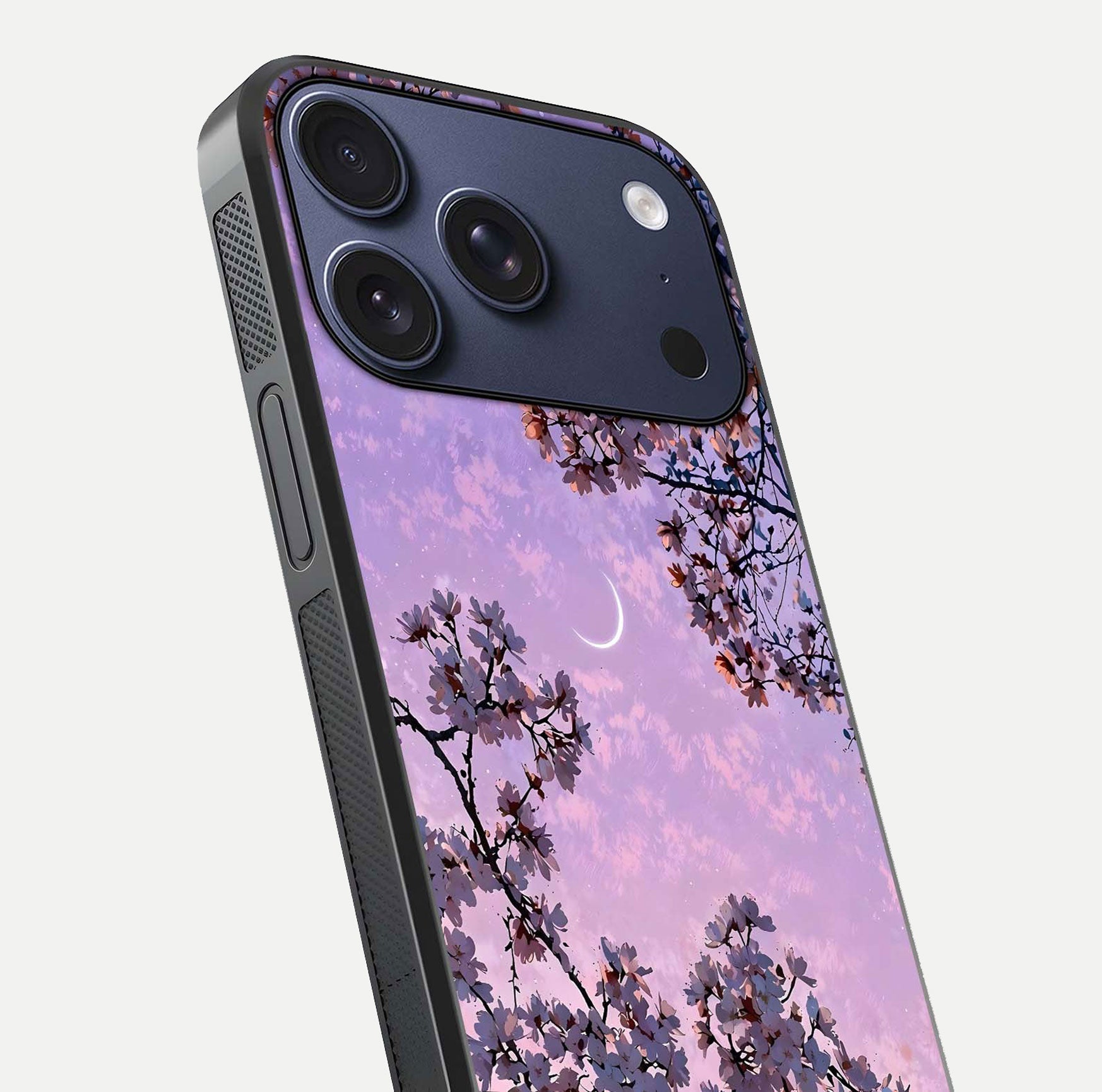 Purple Serenity Moon Glass Case for iPhone 16 Pro close-up angled shot showing reflection and gradient purple hues