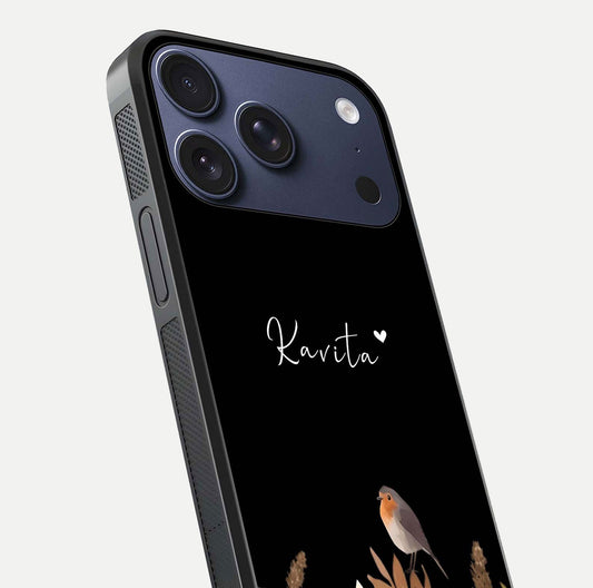 Quiet Garden Tune Custom Name Glass Case for iPhone 17 Pro close-up angled shot showing soft tones and gloss reflection