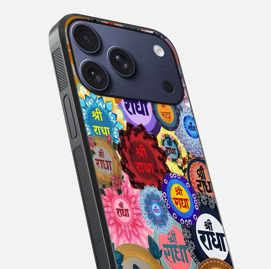 Radha Divine Bloom Glass Case for iPhone 17 Pro close-up angled shot highlighting divine detailing and shine