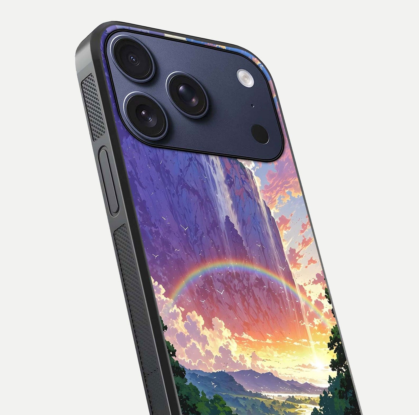 Rainbow Valley Dream Glass Case for iPhone 17 Pro close-up angled shot highlighting gradient tones and HD shine