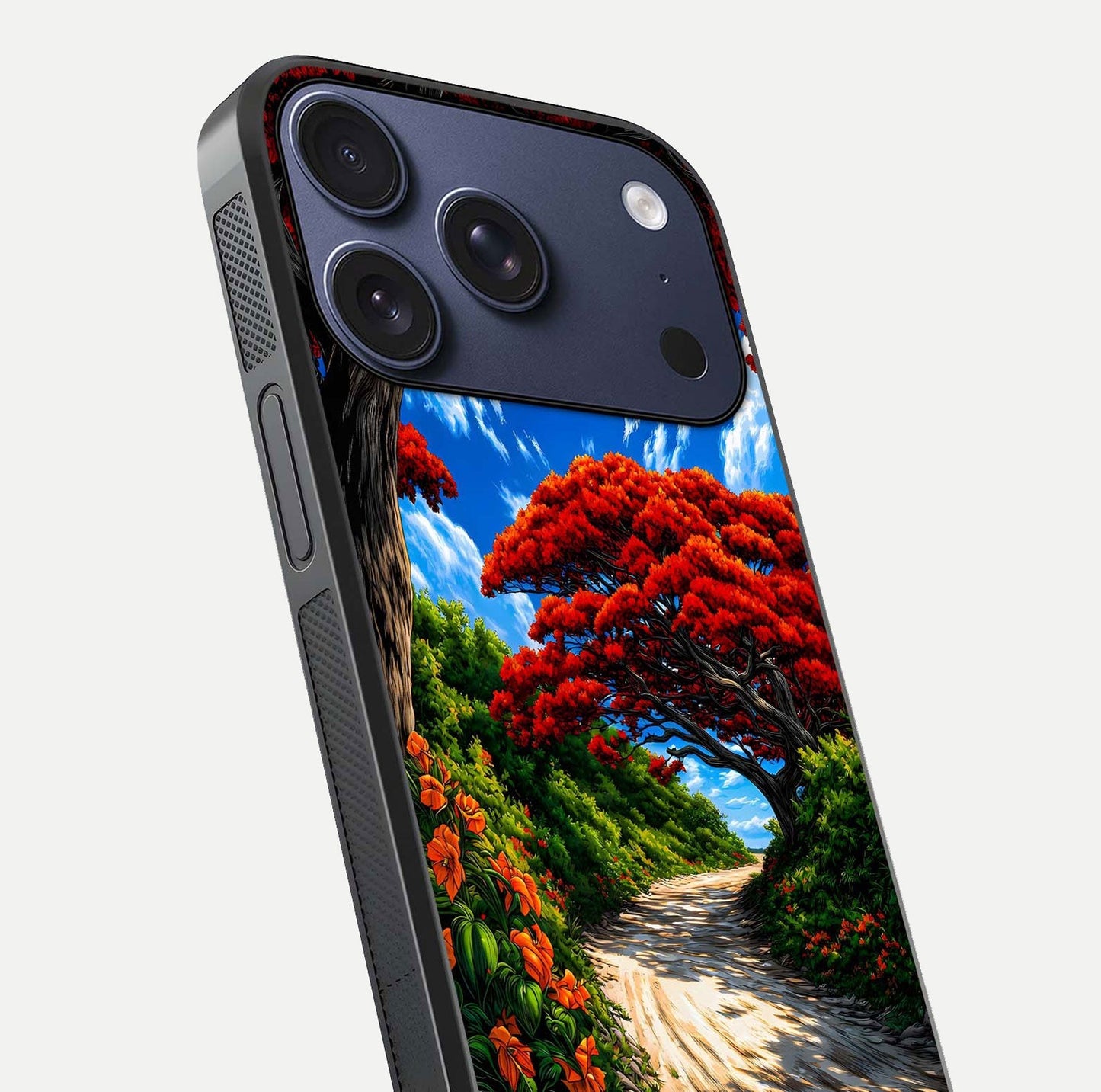 Red Trees Pathway Glass Case for iPhone 17 Pro close-up angled shot highlighting forest detail and reflection