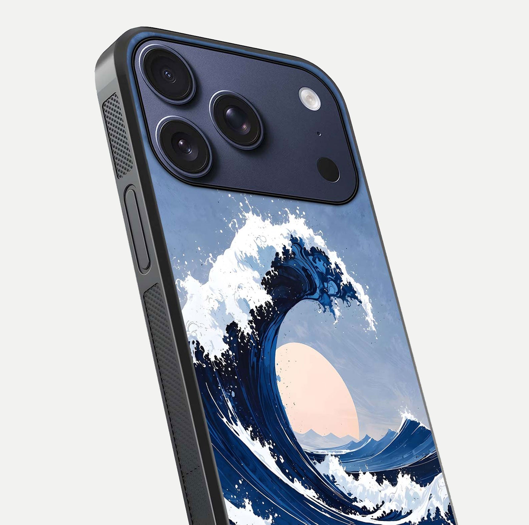 Rising Tide Power Glass Case for iPhone 16 Pro close-up angled shot highlighting water motion and reflection