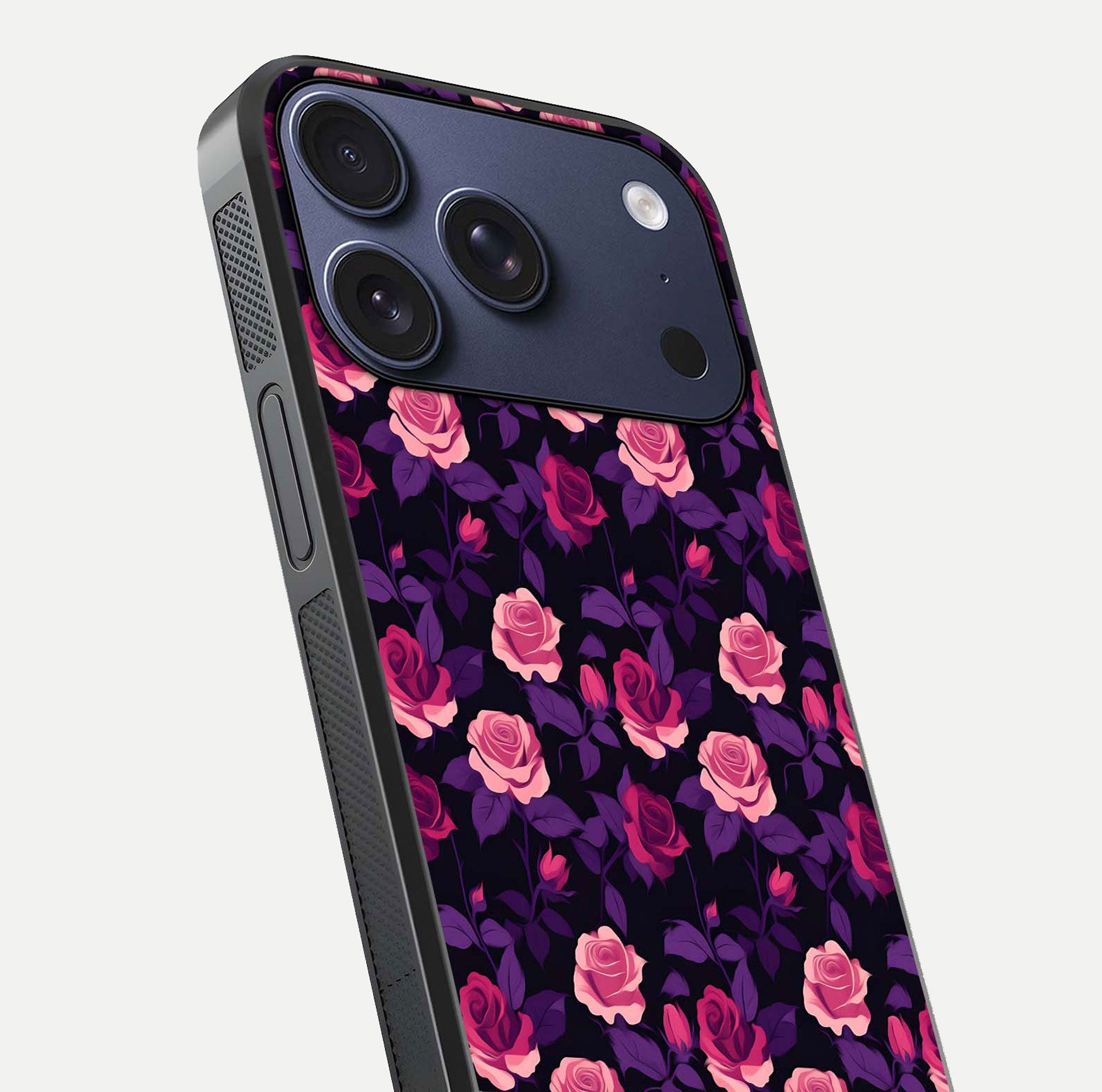 Rose Garden Twilight Glass Case for iPhone 16 Pro close-up angled shot highlighting rose contrast and reflection
