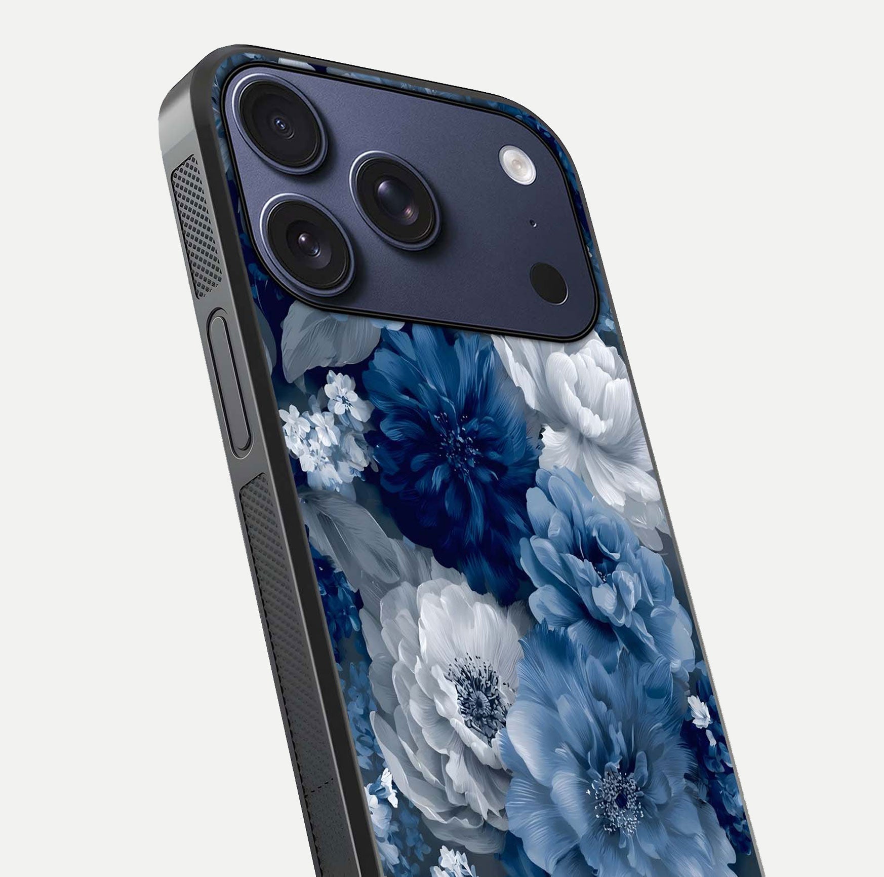 Royal Bloom Garden Glass Case for iPhone 16 Pro close-up angled shot highlighting royal bloom texture and reflection