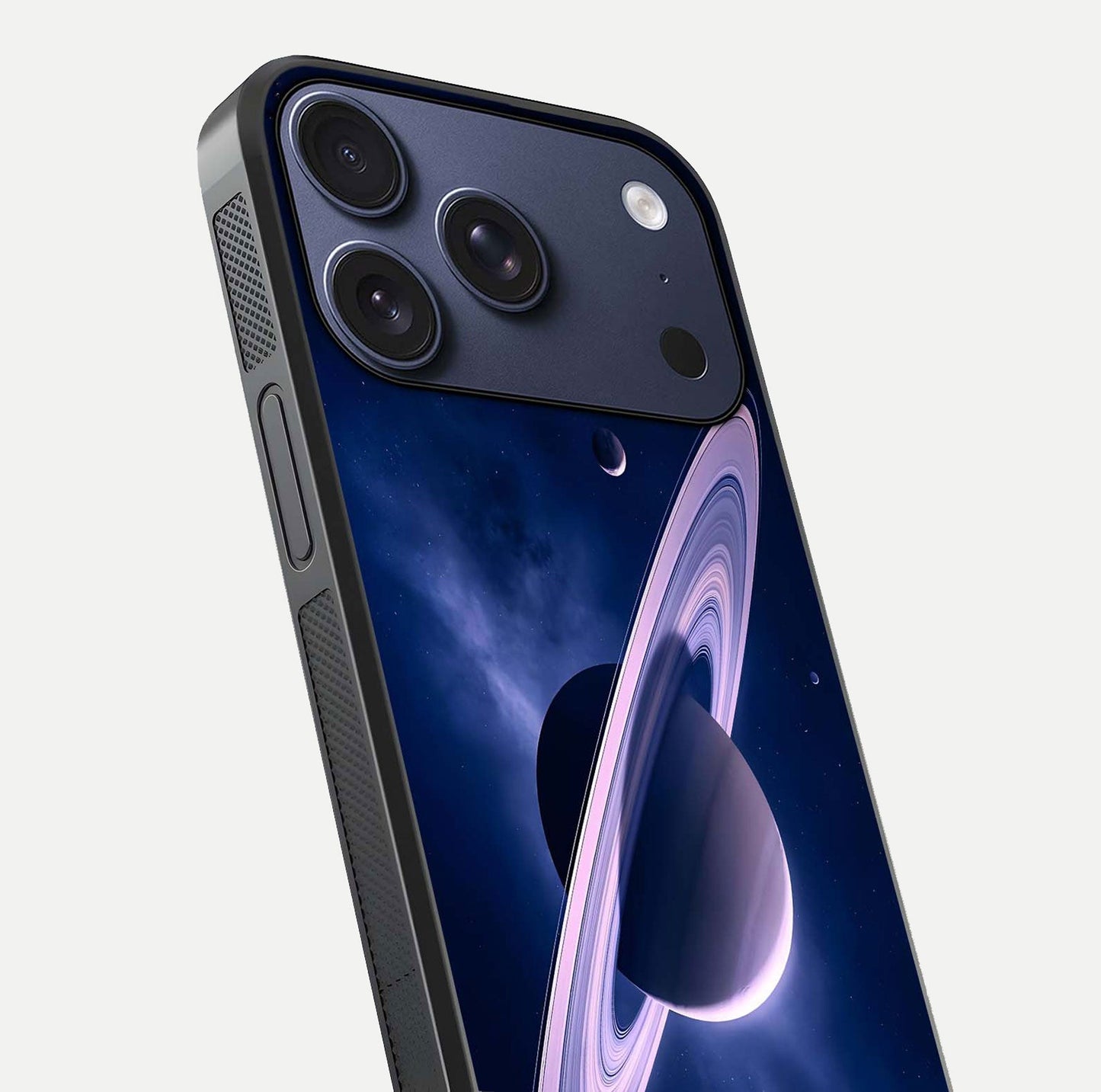 Saturn Ring Mystique Glass Case for iPhone 17 Pro close-up angled shot highlighting ring detail and HD reflection