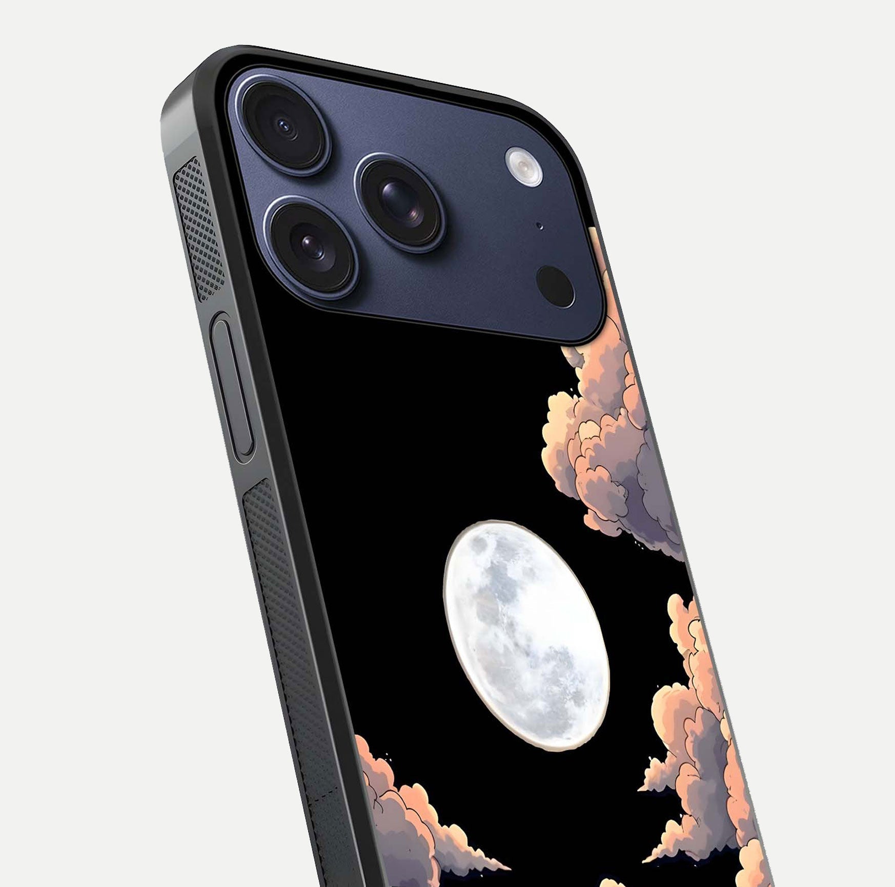 Shade Cloud Moon Glass Case for iPhone 17 Pro close-up angled shot highlighting moon reflection and depth