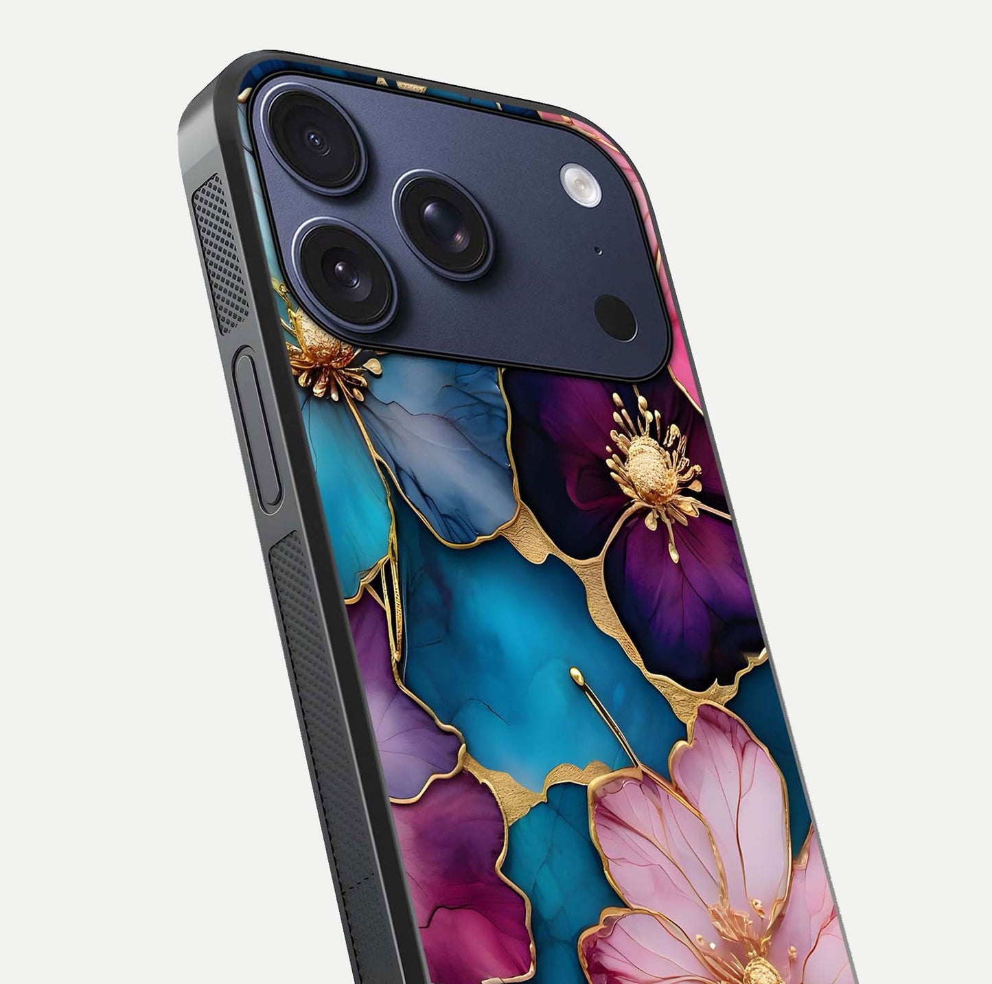 Sparkle Floral Glass Case for iPhone 16 Pro close-up angled shot highlighting shimmer details and reflection