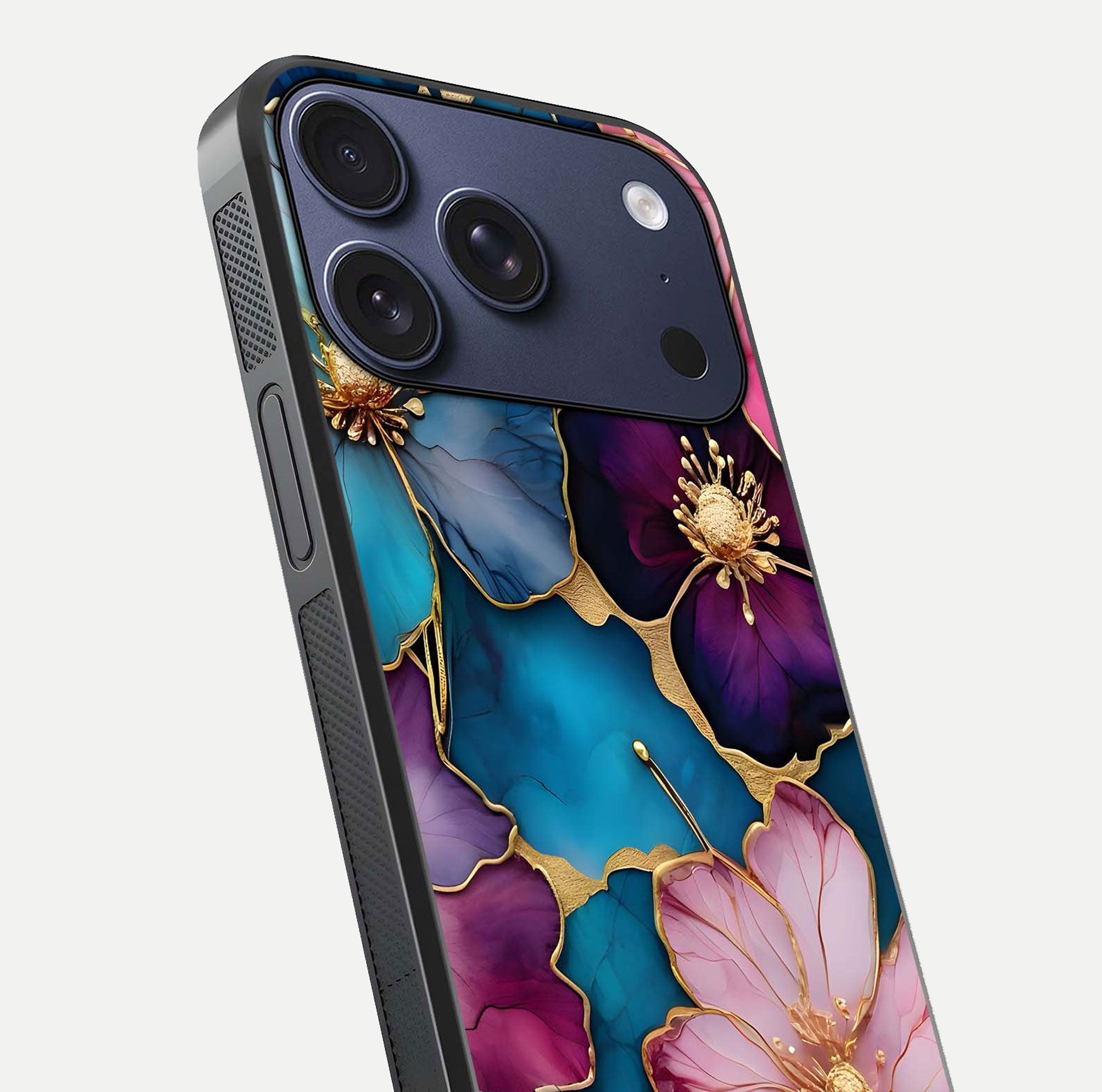 Sparkle Floral Glass Case for iPhone 16 Pro close-up angled shot highlighting shimmer details and reflection