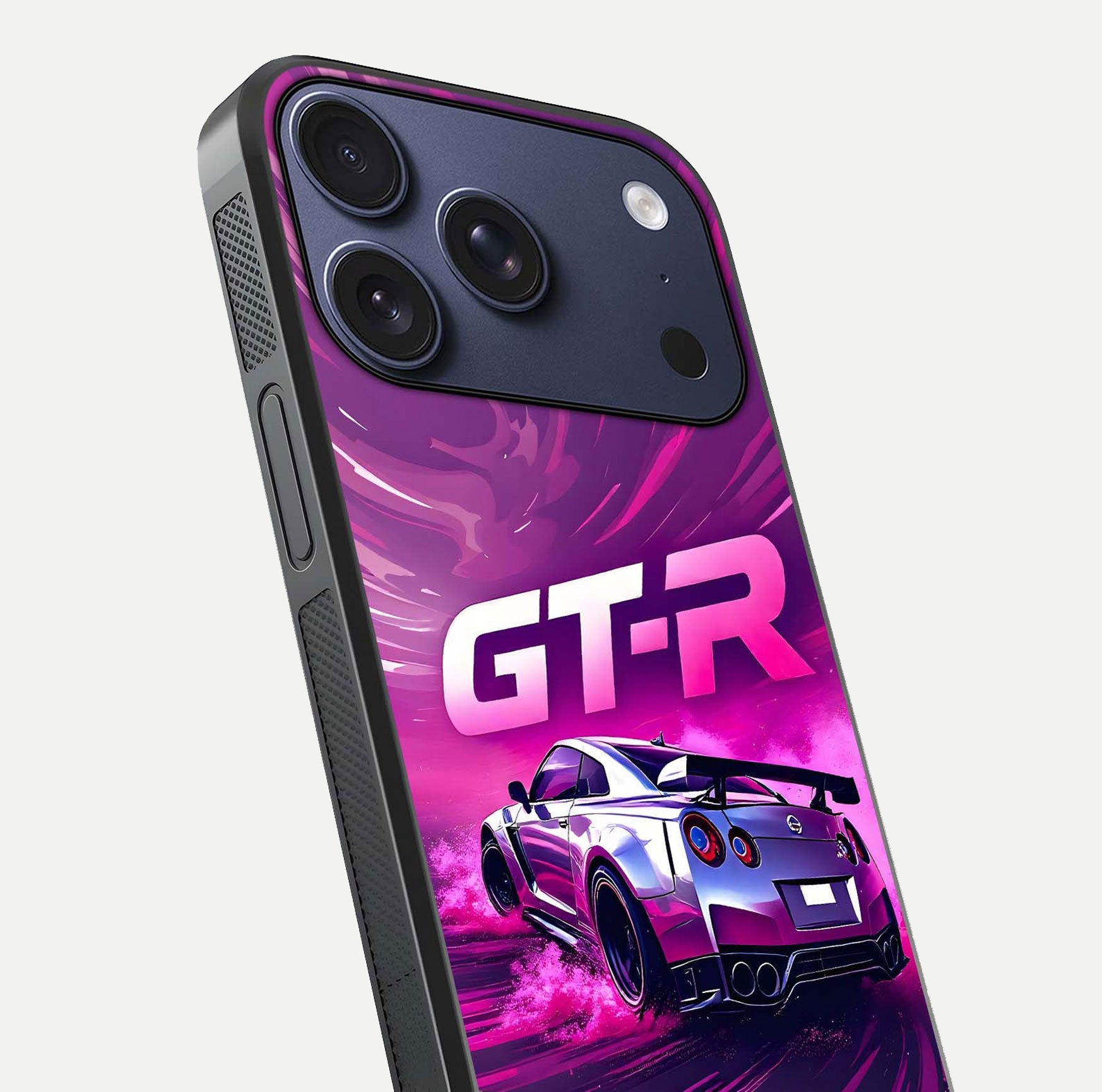 Speed Drift Legend Glass Case for iPhone 17 Pro close-up angled shot highlighting speed lines and reflection